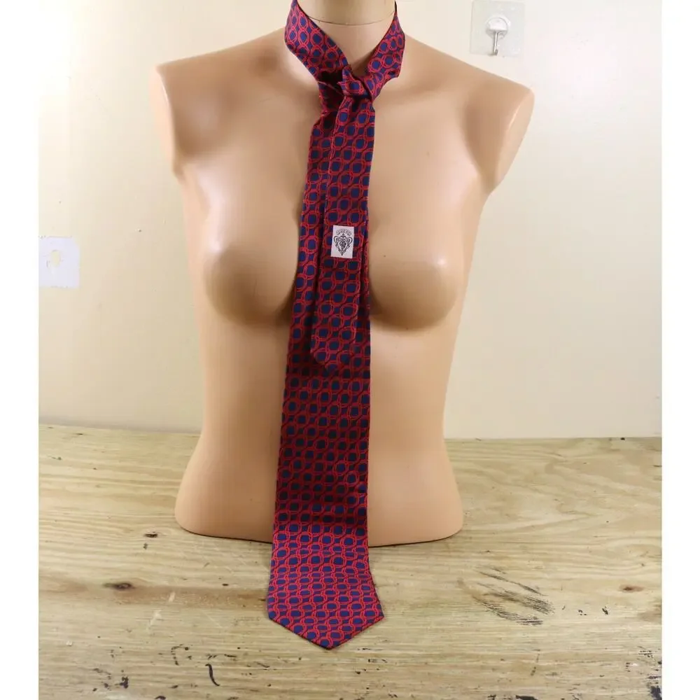 Gucci Silk Tie Mens Red Blue Chain Link Pattern Wide Italy Vintage NO BOX